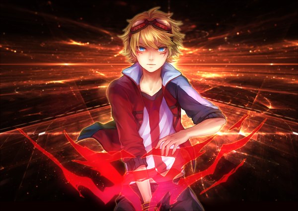 Anime picture 1300x919 with league of legends ezreal (league of legends) konomoto (artist) single looking at viewer fringe short hair blue eyes blonde hair hair between eyes standing long sleeves open jacket magic facial mark serious goggles on head boy jacket t-shirt