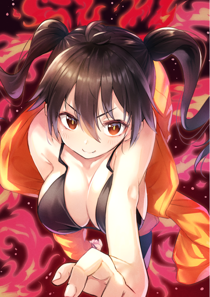 Anime picture 1254x1771 with en'en no shouboutai david production tamaki kotatsu tsukiman single long hair tall image looking at viewer blush fringe breasts light erotic black hair simple background smile hair between eyes large breasts twintails bare shoulders brown eyes