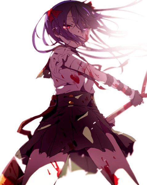 Anime picture 740x931 with gakkou gurashi! ebisuzawa kurumi hiiragi fuyuki single long hair tall image looking at viewer simple background standing twintails purple eyes purple hair torn clothes blood on face bloody clothes blood stains girl gloves fingerless gloves blood