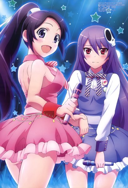 Anime picture 4083x5950 with kami nomi zo shiru sekai megami magazine elsea de lute irma haqua du lot herminium long hair tall image looking at viewer highres open mouth smile red eyes purple eyes bare shoulders absurdres purple hair ponytail looking back official art embarrassed hair ornament