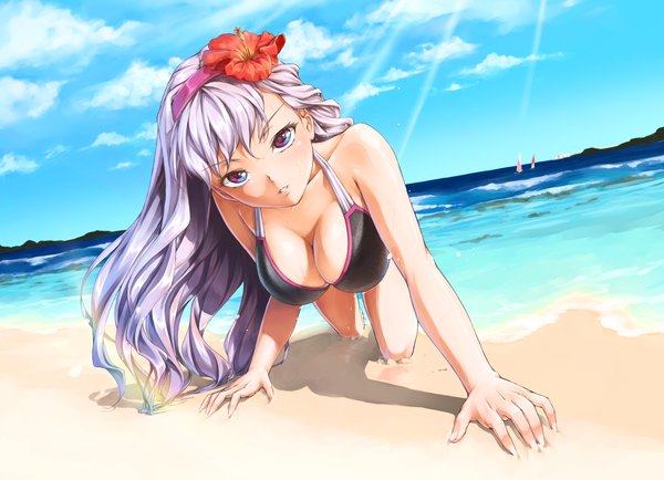 Anime picture 1280x927 with nigiriushi single long hair looking at viewer blush breasts open mouth light erotic large breasts bare shoulders sky cleavage purple hair cloud (clouds) hair flower sunlight bare legs beach multicolored eyes girl