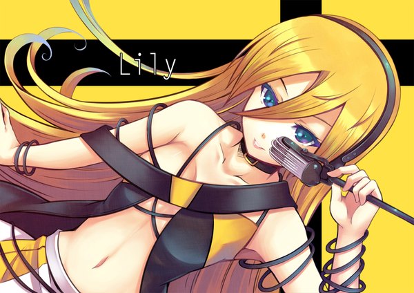Anime picture 1754x1240 with vocaloid lily (vocaloid) furai (furai127) long hair highres blue eyes light erotic blonde hair bare shoulders no bra girl navel microphone