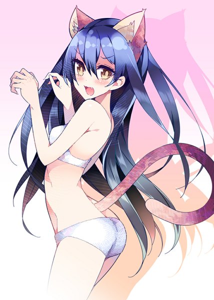 Anime picture 713x1000 with love live! school idol project sunrise (studio) love live! sonoda umi haruse hiroki single long hair tall image looking at viewer blush fringe open mouth light erotic animal ears yellow eyes purple hair tail animal tail cat ears teeth