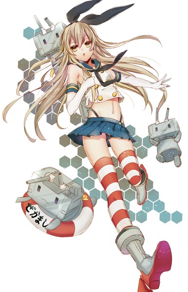 Anime-Bild 800x1240 mit kantai collection shimakaze destroyer rensouhou-chan noka (blackheart1118) single long hair tall image looking at viewer open mouth light erotic simple background blonde hair hair between eyes white background pleated skirt girl thighhighs skirt gloves navel