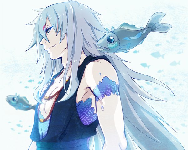 イラスト 1072x857 と 凪のあすから ピーエーワークス uroko-sama ソロ 長髪 前髪 青い目 light smile grey hair 男性 ペンダント 魚 scales