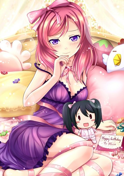 Anime picture 725x1024 with love live! school idol project sunrise (studio) love live! nishikino maki yazawa nico amano yuki tall image blush short hair light erotic purple eyes pink hair girl bow ribbon (ribbons) hair bow food sweets pillow doll (dolls)