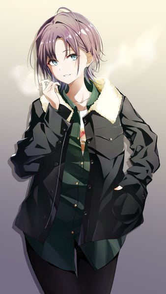 Anime-Bild 1688x3000 mit idolmaster idolmaster shiny colors asakura tooru dice gt single tall image looking at viewer short hair blue eyes simple background standing purple hair ahoge open jacket fur trim gradient background hand in pocket partially open clothes girl shirt