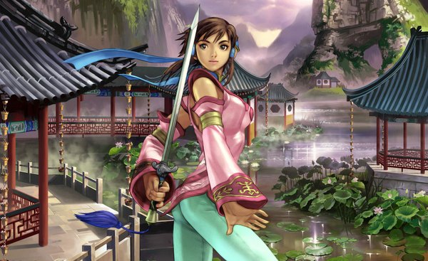 Anime picture 1920x1176 with soulcalibur chai xianghua long hair highres breasts brown hair wide image brown eyes looking away traditional clothes mountain girl ribbon (ribbons) weapon plant (plants) hair ribbon detached sleeves sword water