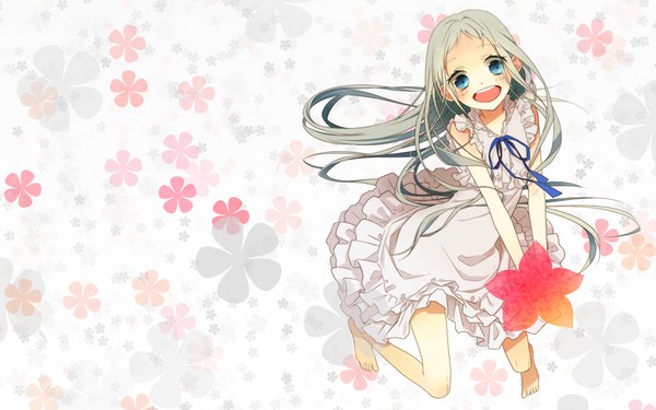 Anime picture 1920x1200 with ano hi mita hana no namae wo bokutachi wa mada shiranai a-1 pictures honma meiko naoto (tulip) single long hair blush highres open mouth blue eyes wide image white background white hair barefoot girl flower (flowers) sundress