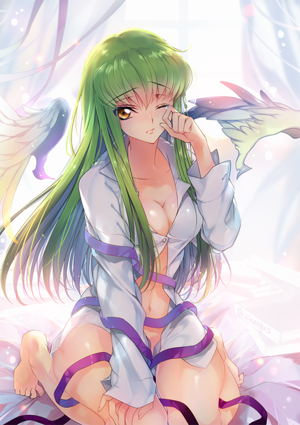 Anime picture 700x991 with code geass sunrise (studio) c.c. creayus single long hair tall image looking at viewer fringe light erotic sitting yellow eyes bent knee (knees) eyes closed barefoot green hair open clothes bare legs bare belly open shirt