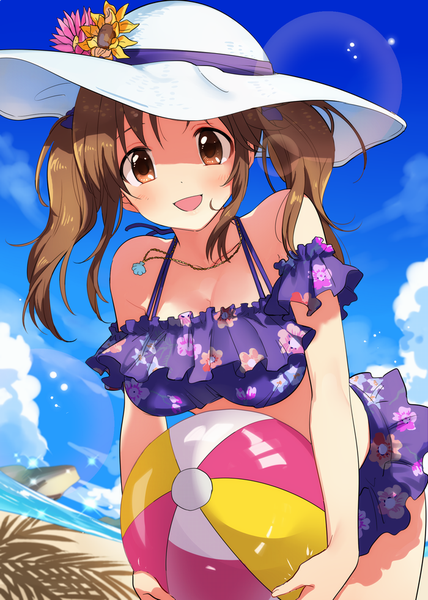 Anime picture 700x981 with idolmaster idolmaster cinderella girls totoki airi yunion (sibujya) single long hair tall image looking at viewer open mouth brown hair twintails brown eyes sky cloud (clouds) :d beach shaded face private maid girl swimsuit