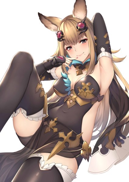 Anime picture 1704x2409 with granblue fantasy metera (granblue fantasy) ym (distance819) single long hair tall image looking at viewer blush fringe highres breasts light erotic simple background blonde hair smile large breasts white background sitting animal ears payot