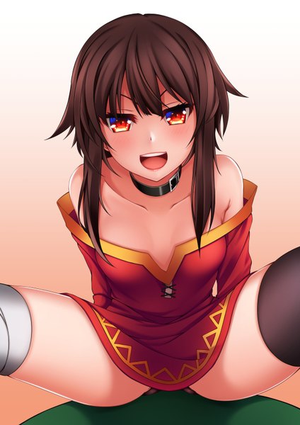 Anime picture 566x800 with kono subarashii sekai ni shukufuku wo! studio deen megumin helther single tall image looking at viewer blush fringe short hair open mouth light erotic black hair hair between eyes red eyes no hat girl thighhighs dress black thighhighs