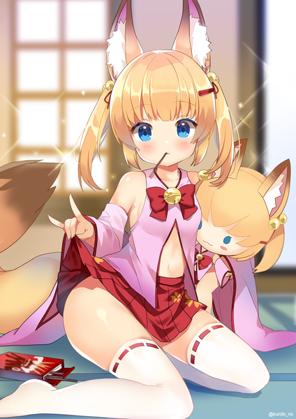 Anime picture 800x1131 with virtual youtuber kemomimi oukoku kokuei housou mikoko (kemomimi oukoku kokuei housou) kurot single long hair tall image looking at viewer blush fringe blue eyes light erotic blonde hair twintails signed animal ears tail blunt bangs animal tail twitter username