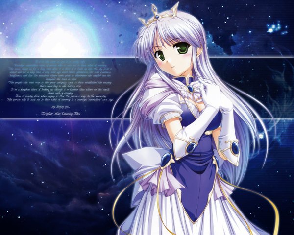 Anime picture 1280x1024 with yoake mae yori ruri iro na august soft feena fam earthlight single long hair looking at viewer blush fringe breasts simple background standing green eyes cleavage purple hair ahoge short sleeves wallpaper puffy sleeves girl dress