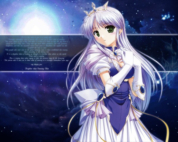 イラスト 1280x1024 と 夜明け前より瑠璃色な crescent love august soft feena fam earthlight ソロ 長髪 カメラ目線 赤面 前髪 おっぱい simple background 立つ 緑の目 cleavage purple hair アホ毛 short sleeves 壁紙 puffy sleeves 女の子 ドレス