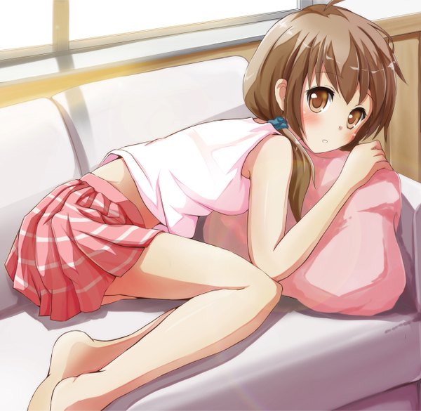 Anime picture 1280x1248 with original ok-ray blush brown hair brown eyes girl skirt miniskirt pillow couch