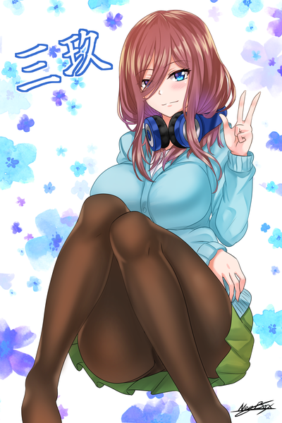 Anime picture 2400x3600 with go-toubun no hanayome nakano miku nez-kun (nezkunn) single long hair tall image looking at viewer blush fringe highres breasts blue eyes light erotic simple background brown hair large breasts white background sitting signed payot