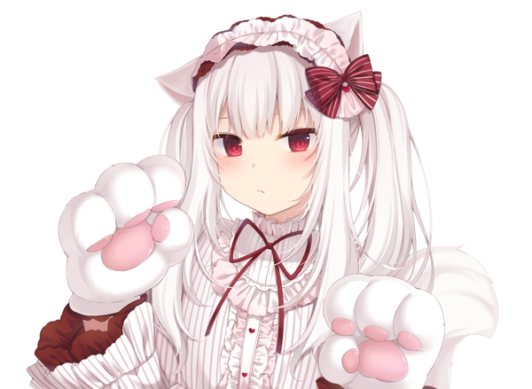 Anime picture 1200x879 with original nachi single long hair looking at viewer blush fringe simple background hair between eyes red eyes white background twintails animal ears payot upper body white hair tail animal tail cat ears cat girl