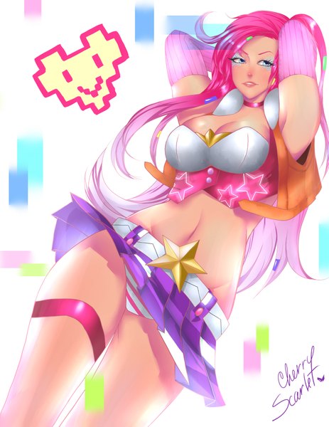 Anime picture 2975x3850 with league of legends miss fortune (league of legends) arcade miss fortune (league of legends) cheryscarlet single long hair tall image highres blue eyes light erotic white background signed looking away pink hair cleavage bare belly arms behind head checkered skirt girl skirt