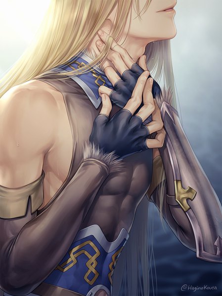 Anime-Bild 1000x1335 mit fate (series) fate/grand order fionn mac cumhaill (fate/grand order) hagino kouta single long hair tall image blonde hair bare shoulders signed upper body profile twitter username head out of frame arm around neck boy gloves detached sleeves armor fingerless gloves