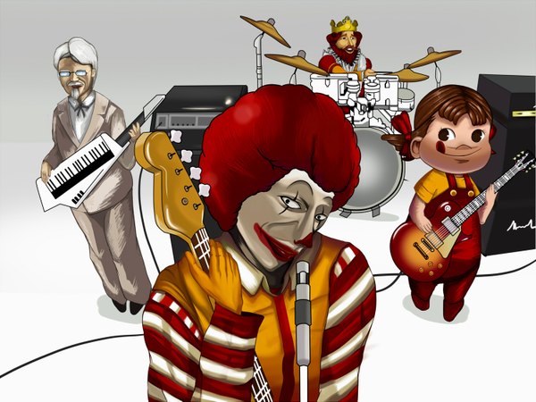 イラスト 1500x1125 と けいおん! 京都アニメーション マクドナルド kfc (company) burger king ronald mcdonald colonel sanders peko-chan head tilt ストライプ :q parody afro band clown don't say "lazy" creepy 眼鏡 舌 マイク