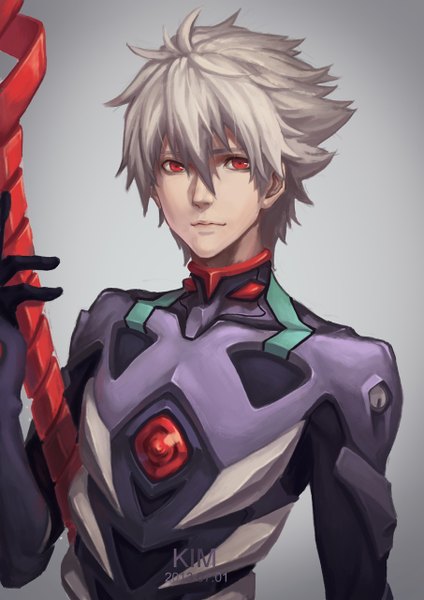 Anime picture 905x1280 with neon genesis evangelion rebuild of evangelion evangelion: 2.0 you can (not) advance evangelion: 3.0 you can (not) redo gainax nagisa kaworu kim (artist) single tall image looking at viewer short hair simple background red eyes signed grey hair grey background boy weapon pilot suit