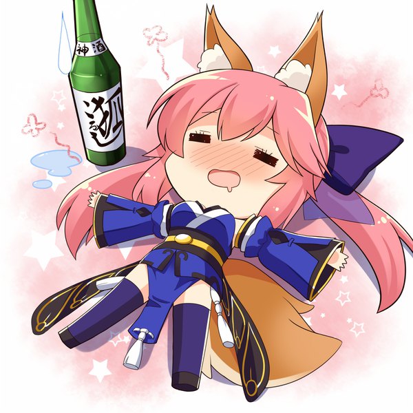 Anime picture 1500x1500 with fate (series) fate/extra tamamo (fate) (all) tamamo no mae (fate) subaru (794829485) single long hair blush fringe open mouth simple background white background twintails animal ears payot pink hair tail lying eyes closed traditional clothes