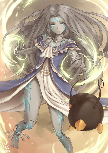 Anime picture 744x1052 with original hananon single tall image looking at viewer blue eyes smile very long hair grey hair outstretched arm magic mechanical grey skin girl dress