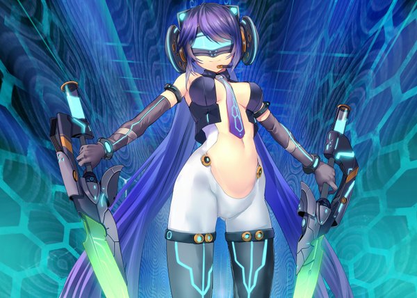 Anime picture 1500x1070 with original yamacchi single long hair fringe breasts light erotic smile twintails purple hair girl gloves navel weapon sword necktie elbow gloves headphones