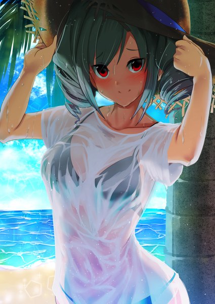 Anime picture 724x1023 with idolmaster idolmaster cinderella girls kanzaki ranko sousakubito single tall image looking at viewer blush fringe short hair light erotic red eyes standing twintails payot sky cloud (clouds) outdoors light smile sunlight