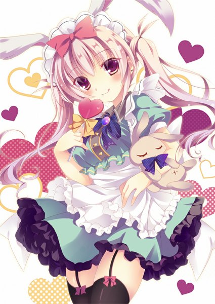 Anime picture 739x1043 with original millcutto single long hair tall image blush blonde hair smile red eyes twintails animal ears bunny ears girl thighhighs dress bow black thighhighs hair bow frills heart