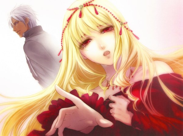 Anime picture 3371x2508 with edel blume idea factory mary balazs von istvan usuba kagerou long hair looking at viewer fringe highres short hair open mouth blonde hair red eyes standing white background absurdres white hair profile scan official art