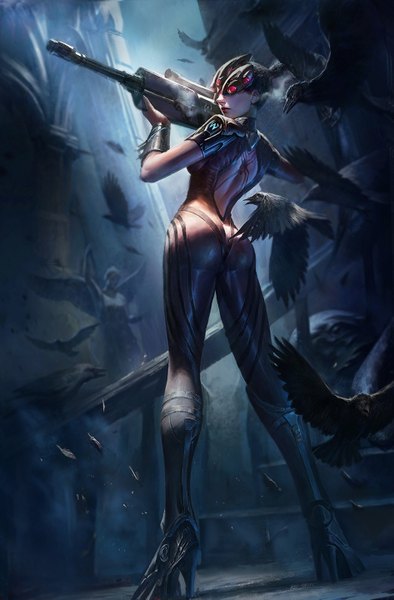 Anime picture 945x1439 with overwatch blizzard entertainment widowmaker (overwatch) wang chen single long hair tall image fringe light erotic black hair standing holding full body outdoors ass ponytail lips from behind realistic night