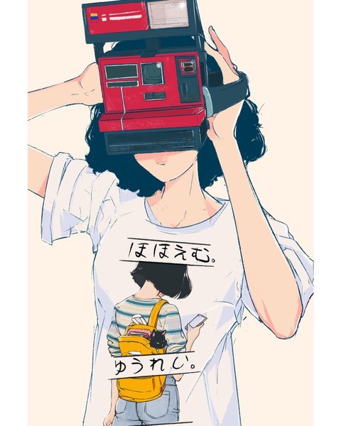 Anime picture 819x1024 with original elliemaplefox single tall image short hair black hair simple background holding upper body arms up short sleeves hieroglyph clothes writing pillarboxed girl t-shirt camera