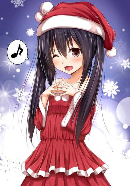 Anime picture 900x1280 with k-on! kyoto animation nakano azusa haryuu (poetto) single long hair tall image looking at viewer blush open mouth black hair red eyes twintails one eye closed wink sparkle fur trim girl dress hat