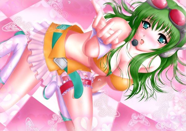 Anime picture 1280x906 with vocaloid gumi nohoho (kakikonchi) single long hair blush breasts open mouth light erotic green eyes green hair girl miniskirt headphones insect butterfly microphone goggles