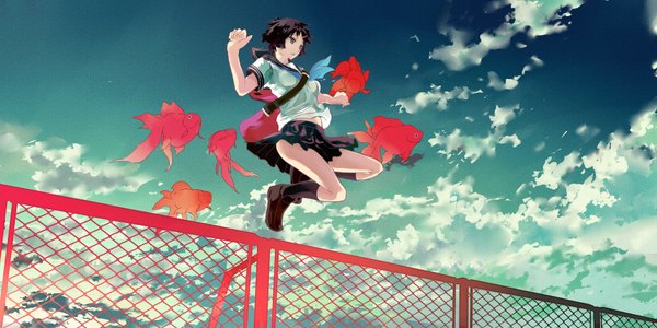 Anime picture 3800x1900 with djyui single highres short hair open mouth blue eyes black hair wide image looking away sky cloud (clouds) pleated skirt sunlight jumping girl skirt uniform hair ornament school uniform socks