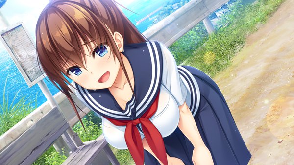 Anime-Bild 1280x720 mit natural vacation hibiki works sarashina yuzuki asami asami single long hair fringe breasts open mouth blue eyes hair between eyes brown hair wide image large breasts game cg ponytail sweat leaning leaning forward girl