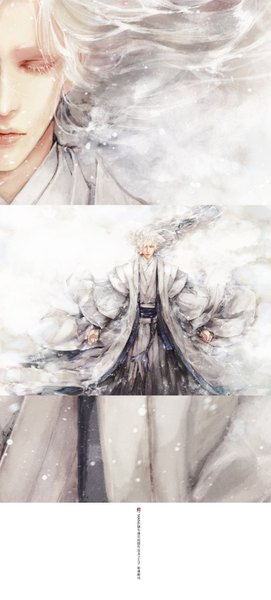 Anime picture 1630x3600 with mang (artist) long hair tall image signed silver hair eyes closed traditional clothes japanese clothes inscription hieroglyph face multiview boy kimono blood