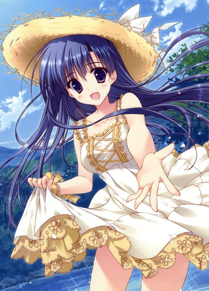 Anime picture 4068x5660 with hoshizora e kakaru hashi doga kobo koumoto madoka ryohka single long hair tall image looking at viewer highres purple eyes blue hair absurdres sky cloud (clouds) scan girl dress hat sundress