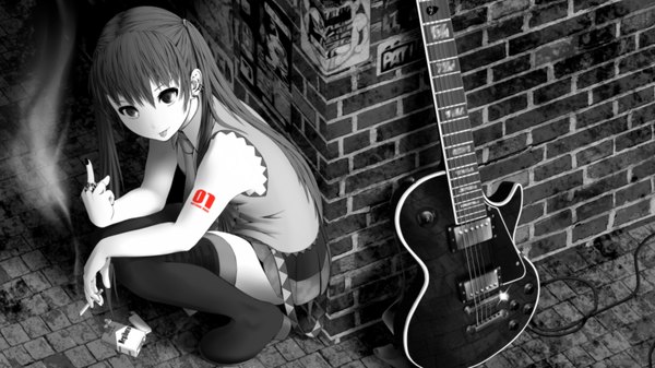 Anime picture 1920x1080 with vocaloid hatsune miku single long hair looking at viewer fringe highres wide image twintails from above tattoo wallpaper piercing monochrome looking up smoke squat smoking spot color middle finger