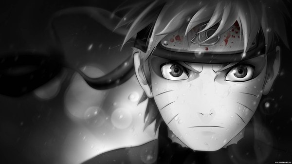 Anime picture 1920x1080 with naruto studio pierrot naruto (series) uzumaki naruto anbuu single highres wide image wind grey background facial mark monochrome scar whisker markings jinchuriki boy water blood bandana