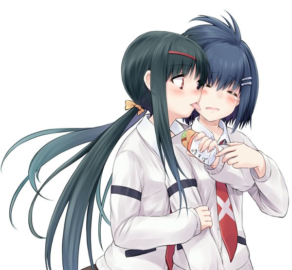 Anime picture 1080x1000 with saki shirouzu mairu yasukouchi yoshiko suzushiro yukari blush short hair open mouth multiple girls blue hair eyes closed long sleeves green hair shoujo ai crying licking girl uniform hair ornament 2 girls school uniform