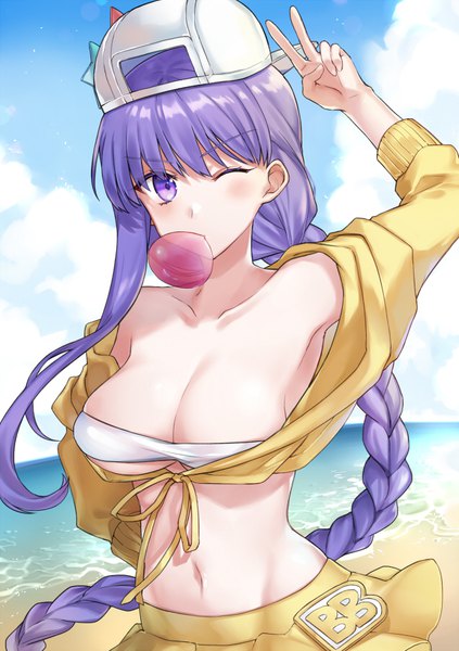 Anime picture 635x900 with fate (series) fate/grand order bb (fate) (all) bb (swimsuit mooncancer) (fate) shiao single tall image breasts light erotic large breasts purple eyes sky purple hair cloud (clouds) braid (braids) very long hair one eye closed arm up beach single braid
