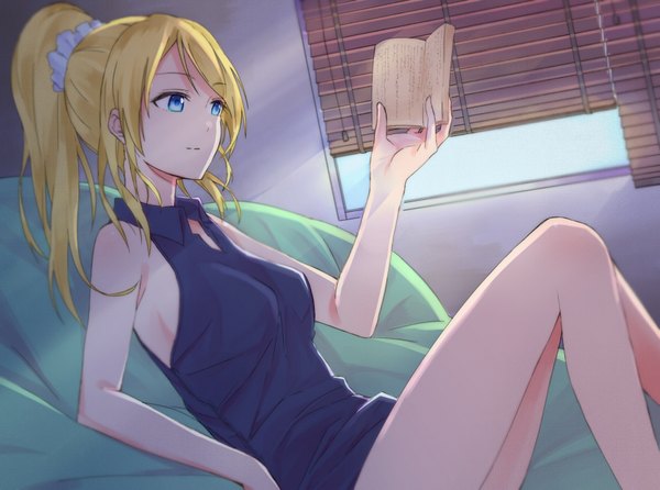 Anime picture 1796x1338 with love live! school idol project sunrise (studio) love live! ayase eli kate (toikeito) single long hair fringe highres breasts blue eyes holding ponytail indoors profile sunlight legs sleeveless reclining girl