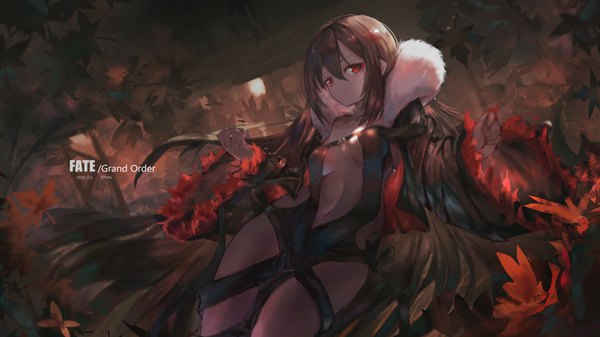 Anime picture 3265x1835 with fate (series) fate/grand order yu mei-ren (fate) lm520lm520 single long hair looking at viewer fringe highres breasts light erotic hair between eyes red eyes brown hair wide image signed payot wide sleeves copyright name fur trim