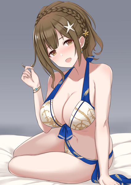 Anime picture 878x1239 with idolmaster idolmaster shiny colors kuwayama chiyuki mitsukazu (nijigen complex) single long hair tall image looking at viewer blush fringe breasts open mouth light erotic simple background smile brown hair large breasts sitting bare shoulders brown eyes