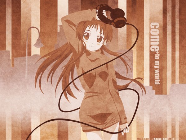 Anime picture 1600x1200 with rec shaft (studio) onda aka brown background headphones