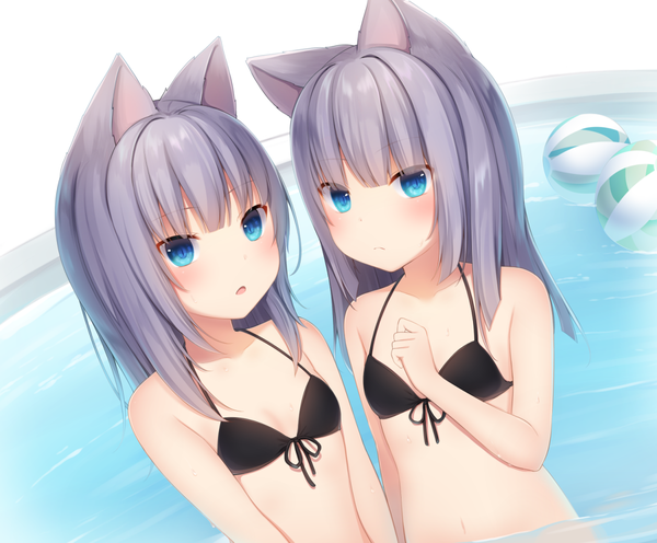 Anime picture 1200x993 with original nachi long hair looking at viewer blush fringe breasts open mouth blue eyes light erotic hair between eyes multiple girls animal ears cleavage purple hair upper body cat ears partially submerged girl 2 girls